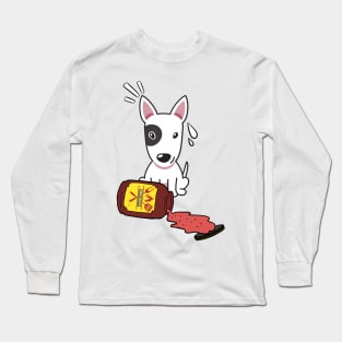 Funny Bull Terrier Spills a jar of BBQ Sauce Long Sleeve T-Shirt